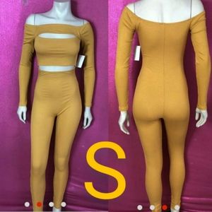 🆕Mustard Yellow Ribbed Off Shoulder Long Sleeve Jumpsuit Size S
